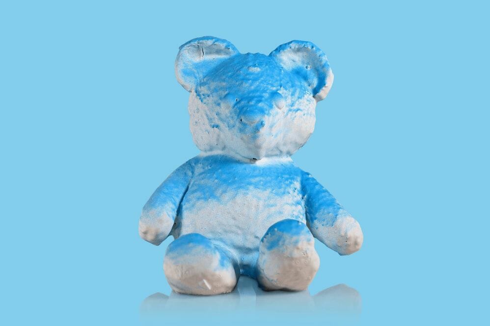 Daniel Arsham "Cracked Bear Blue" Pigment, Plaster, and Fabric. 2018. Image © Nonsuch Editions.